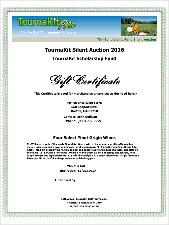 TournaKit Pro Auction Item Gift Certificate