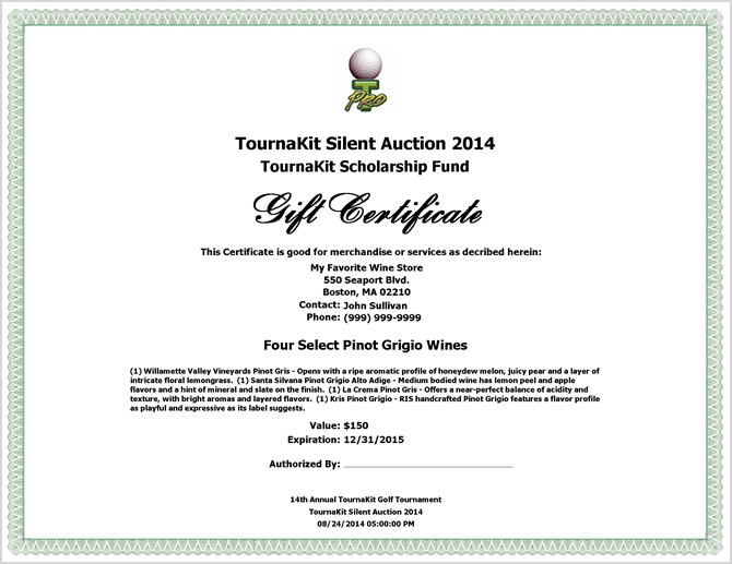Auction Item Gift Certificate - Small Logo Centered