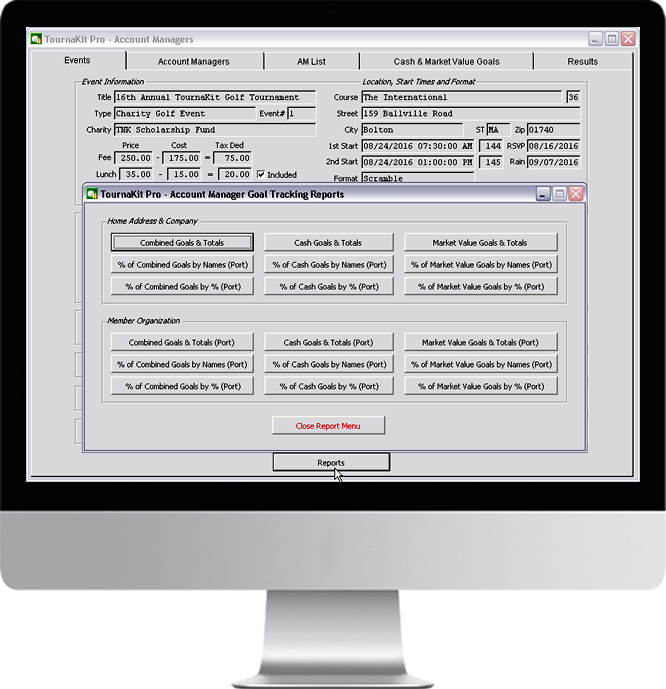 TournaKit Pro Features - Account Managers Goal Tracking  Reports
