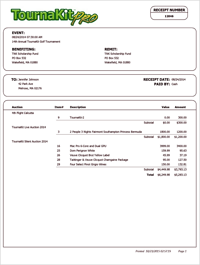 Auction Buyer Receipt Value Received Line Item Detail - Small Header