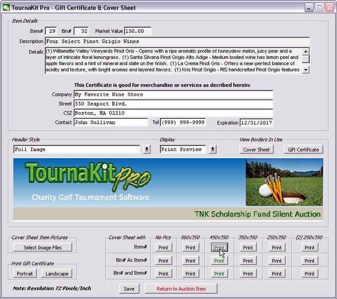 Auction Item Software - Gift Certificate and Cover Sheet Options