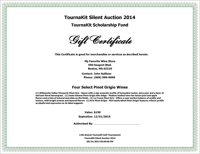 Auction Item Gift Certificate - No Header Graphics