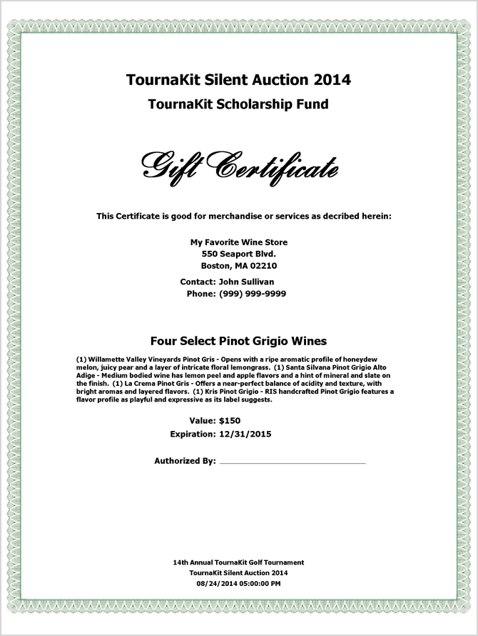 Auction Item Gift Certificate - No Header Graphics