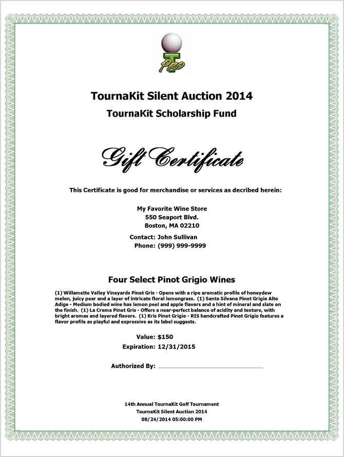 Auction Item Gift Certificate - Small Logo Centered