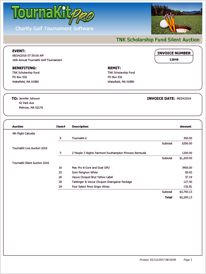 TournaKit Pro Auction Item Buyers Invoices