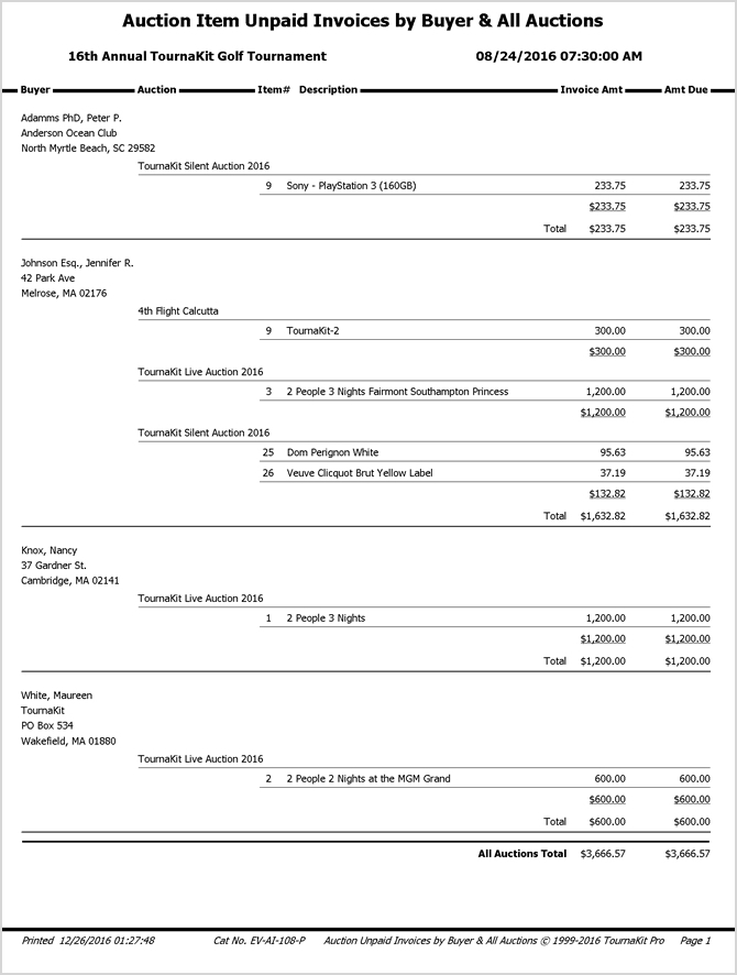 TournaKit Pro Auction Financial Statistical Summary