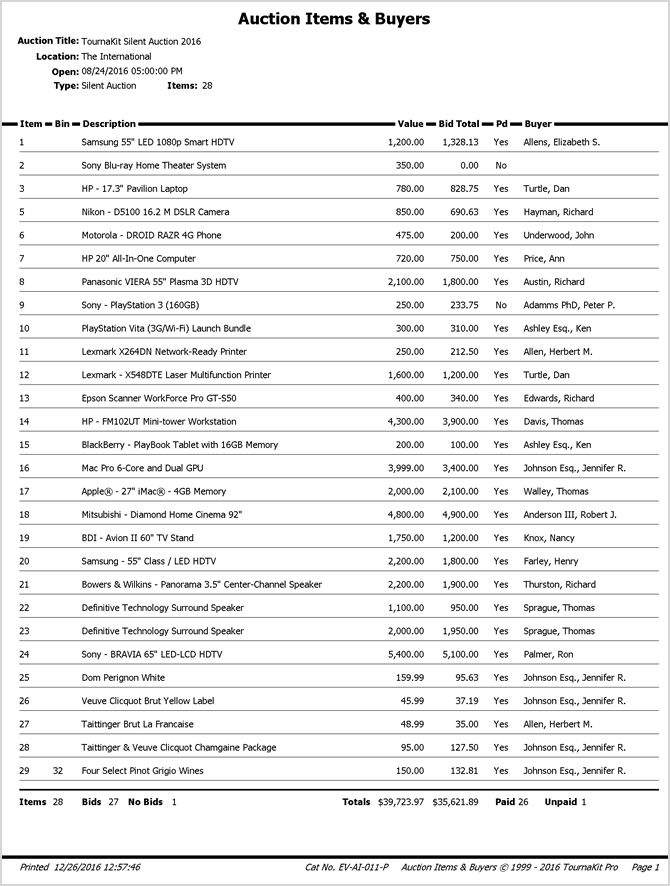 TournaKit Pro Auction Financial Statistical Summary