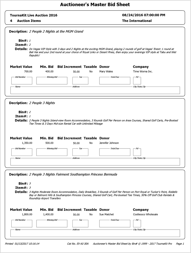 Auctioneer Live Auction Item Master Bid Sheet