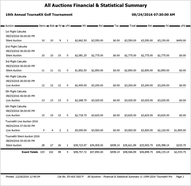 TournaKit Pro Auction Financial Statistical Summary