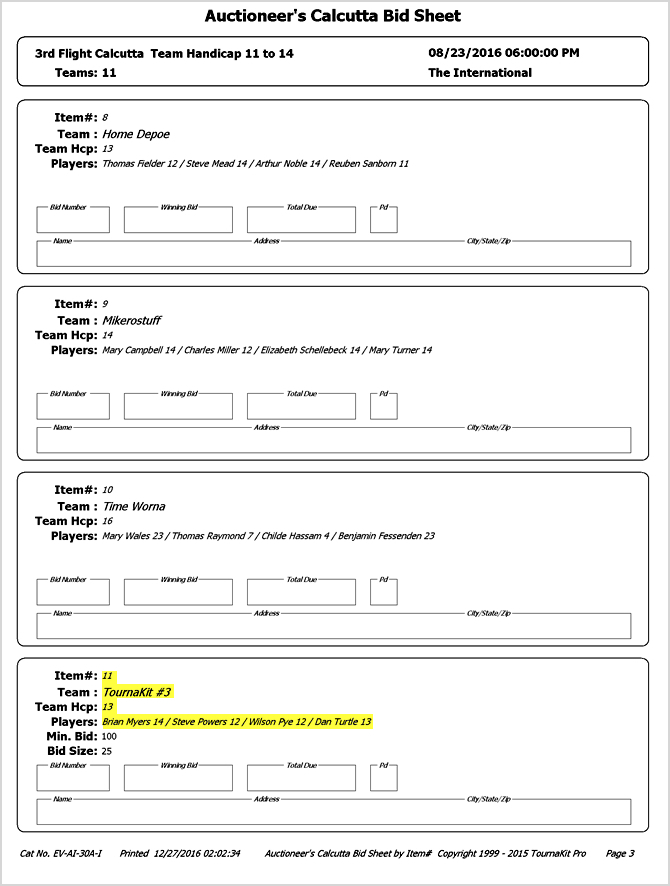 TournaKit Pro Calcutta Auctioneer's Bid Sheet