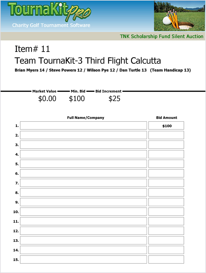 TournaKit Pro Calcutta Silent Auction Bid Sheet