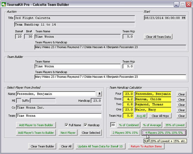 TournaKit Pro Calcutta Team Builder & Handicap Calculator