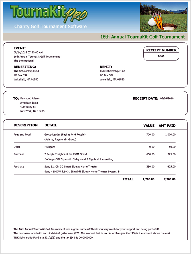 Charity Golf Tournament Line Item Receipt