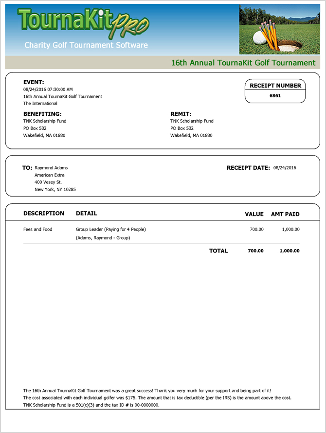 Charity Golf Tournament Single Item Receipt