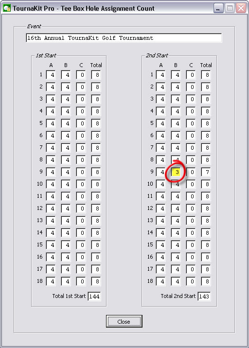 Charity Golf Tournament Tee Box Hole Assignment Count
