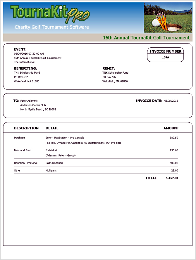 Charity Golf Tournament Player Invoice