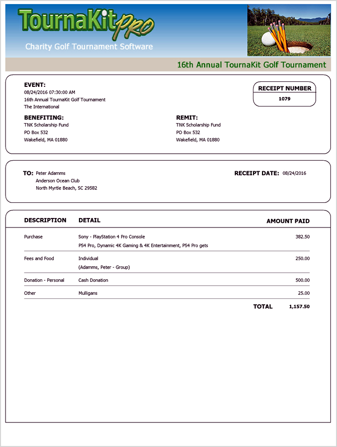 Charity Golf Tournament Player Receipt No Market Value Large Header