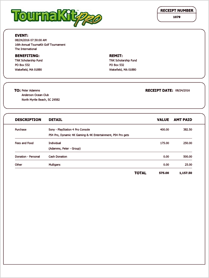 Charity Golf Tournament Player Receipt With Market Value Small Header