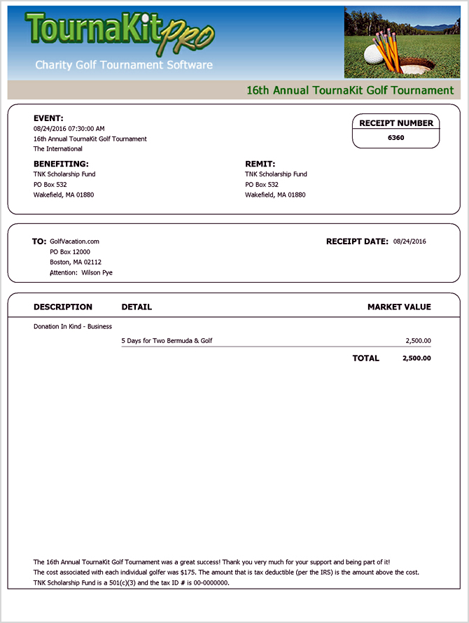 Charity Golf Tournament Contest Donation In-Kind Receipt