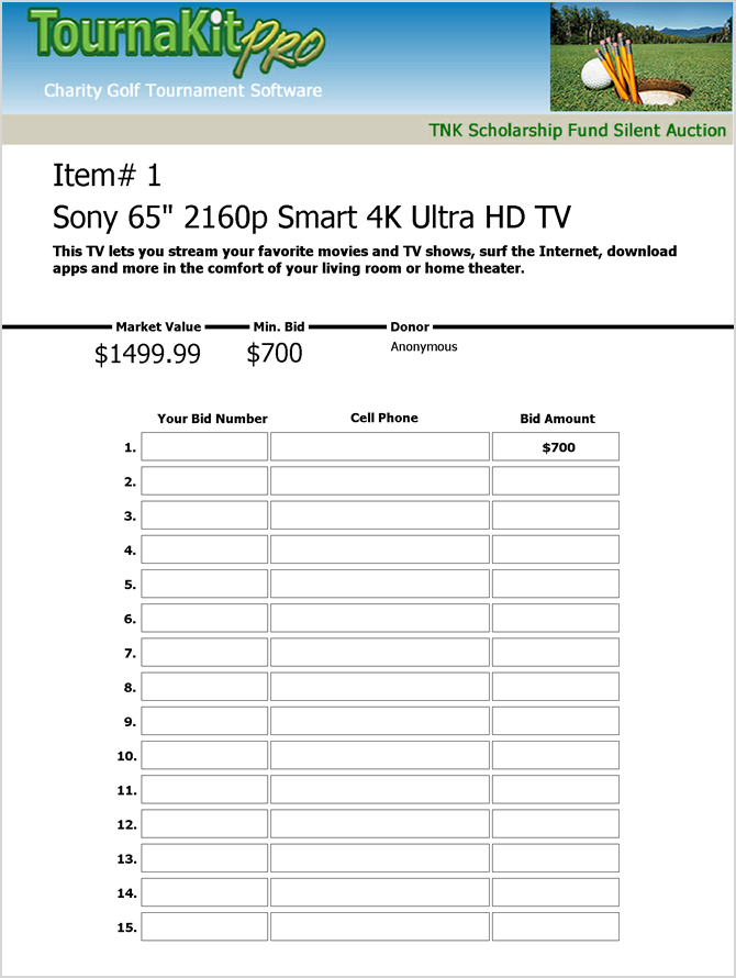 TournaKit Pro Silent Auction Bid Sheets