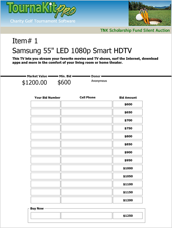 Silent Auction Bid Sheet Bid Numbers & Bid Amounts