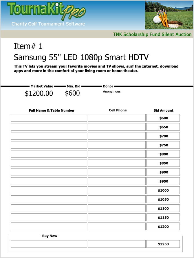 Silent Auction Bid Sheet Full Name & Bid Amounts