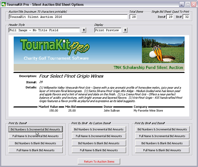 Auction Item Software - Silent Auction Bid Sheet Options